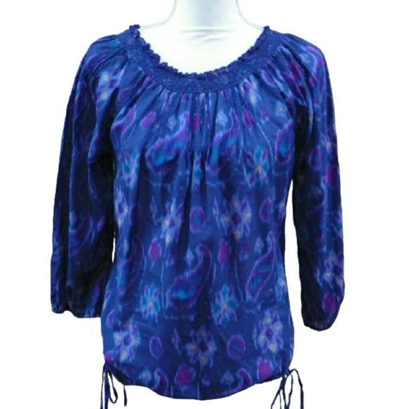 Lucky Brand M drawstring waist top ikat paisley print blue purple - Picture 1 of 4